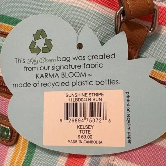 Lily Bloom Striped Tote Bag Recycled Material Multicolor With Brown Handles & Fl - Picture 8 of 8